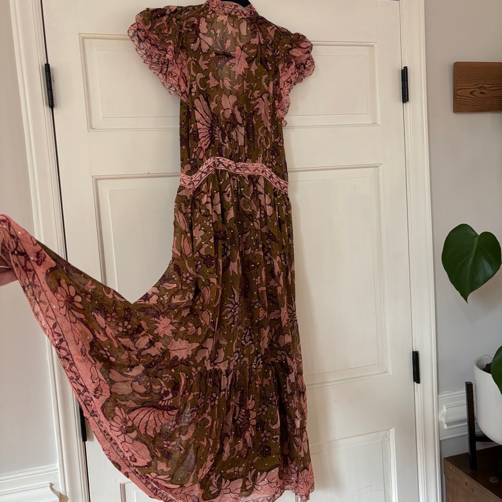 Ulla Johnson RARE Celestia Floral Batik Print Midi Dress Olive Ruffl Silk Size 6 - Picture 17 of 17